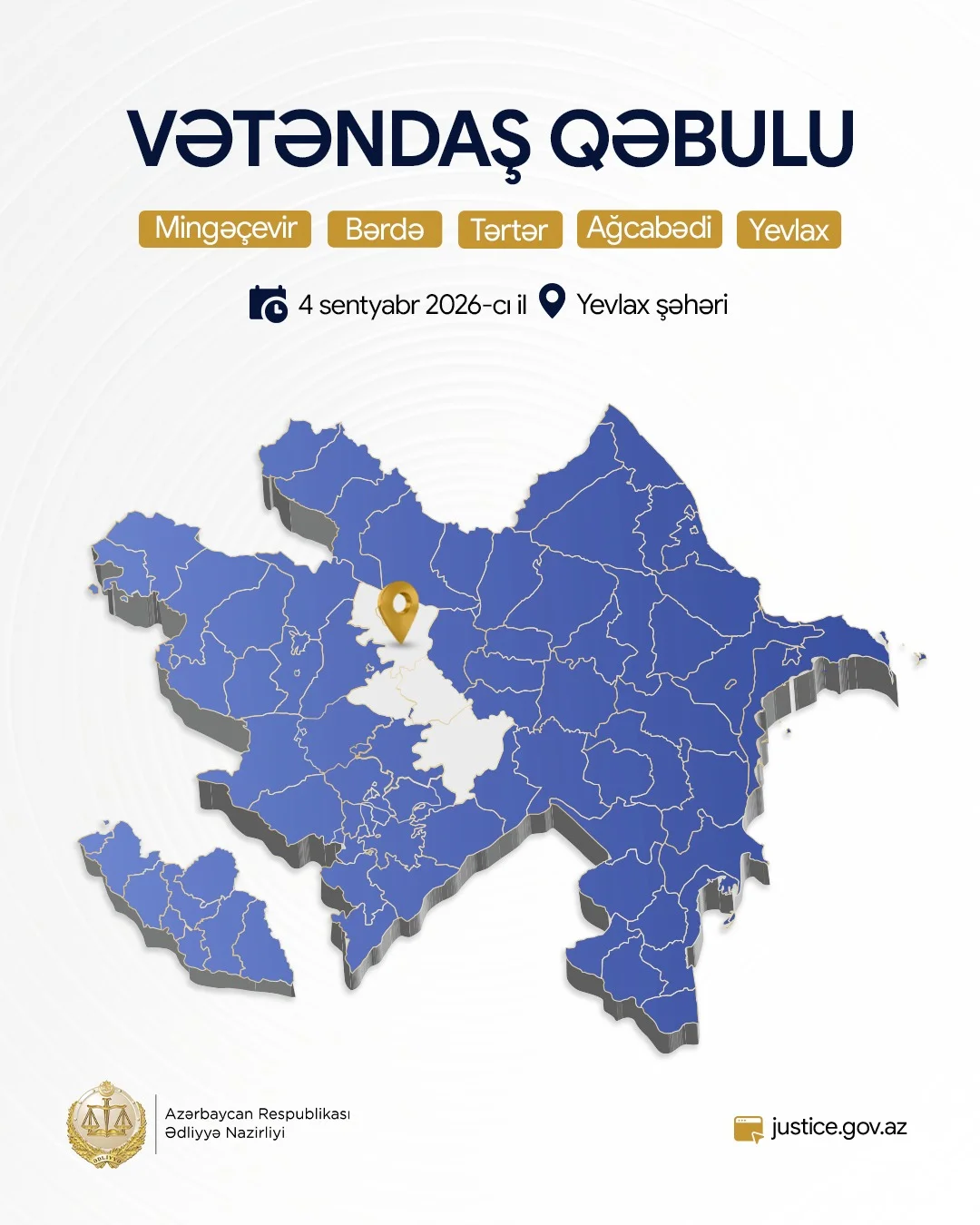Ədliyyə naziri Yevlax şəhərində vətəndaşları qəbul edəcək
