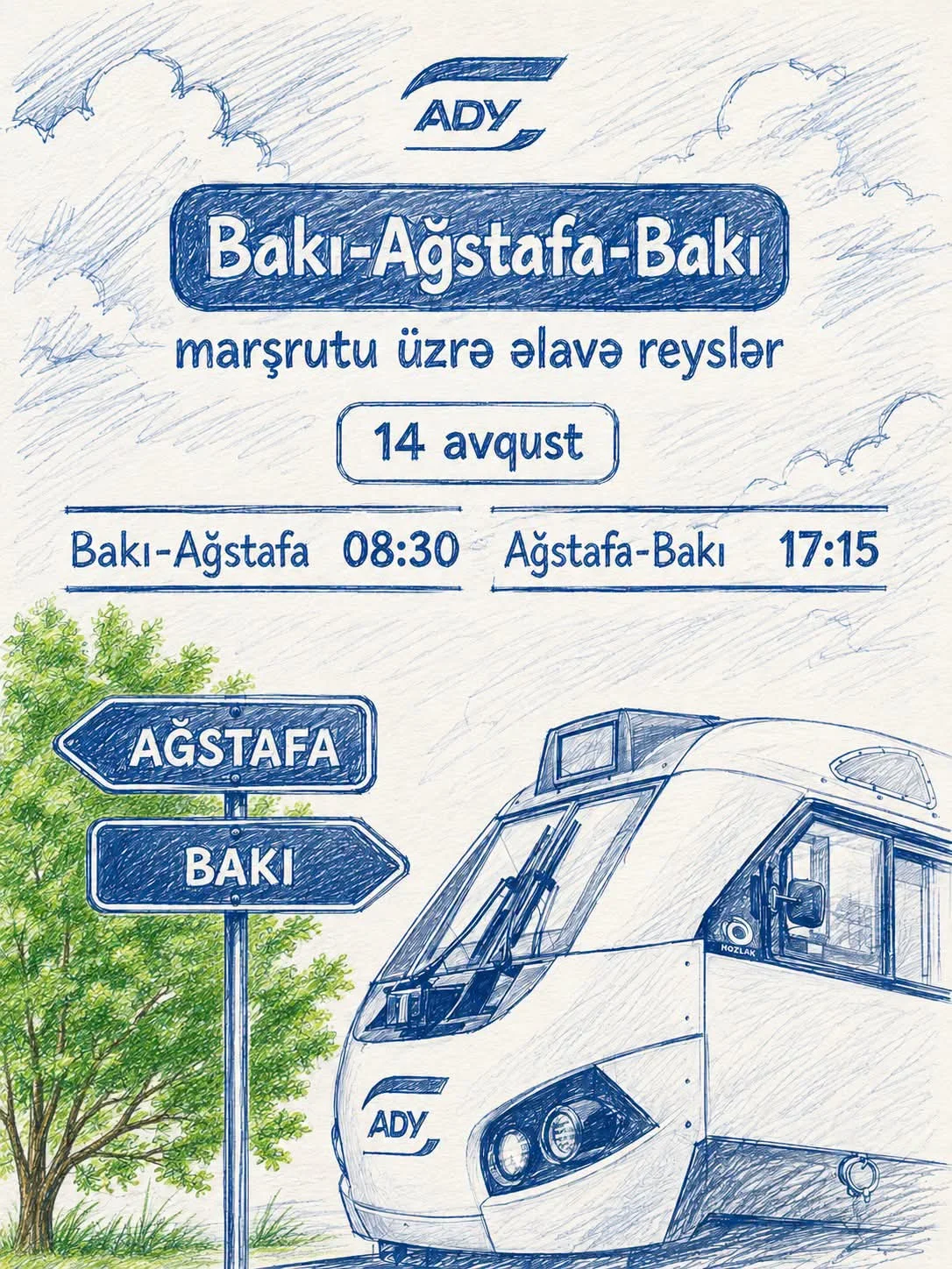 ADY sərnişin tələbatını nəzərə alaraq Bakı–Ağstafa–Bakı marşrutu üzrə əlavə qatar reysləri həyata keçirəcək