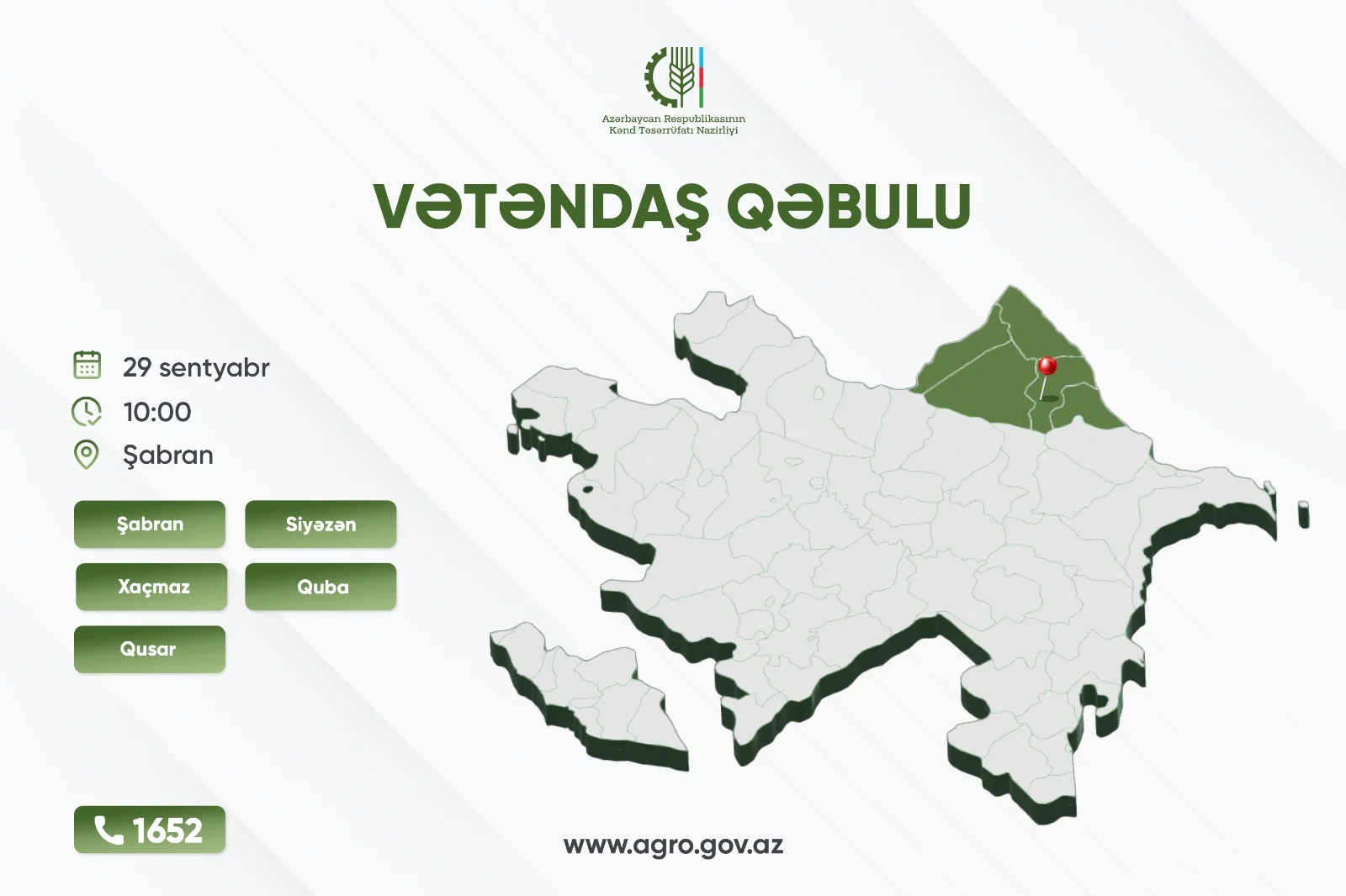 Kənd təsərrüfatı naziri Məcnun Məmmədov Şabranda vətəndaşları qəbul edəcək