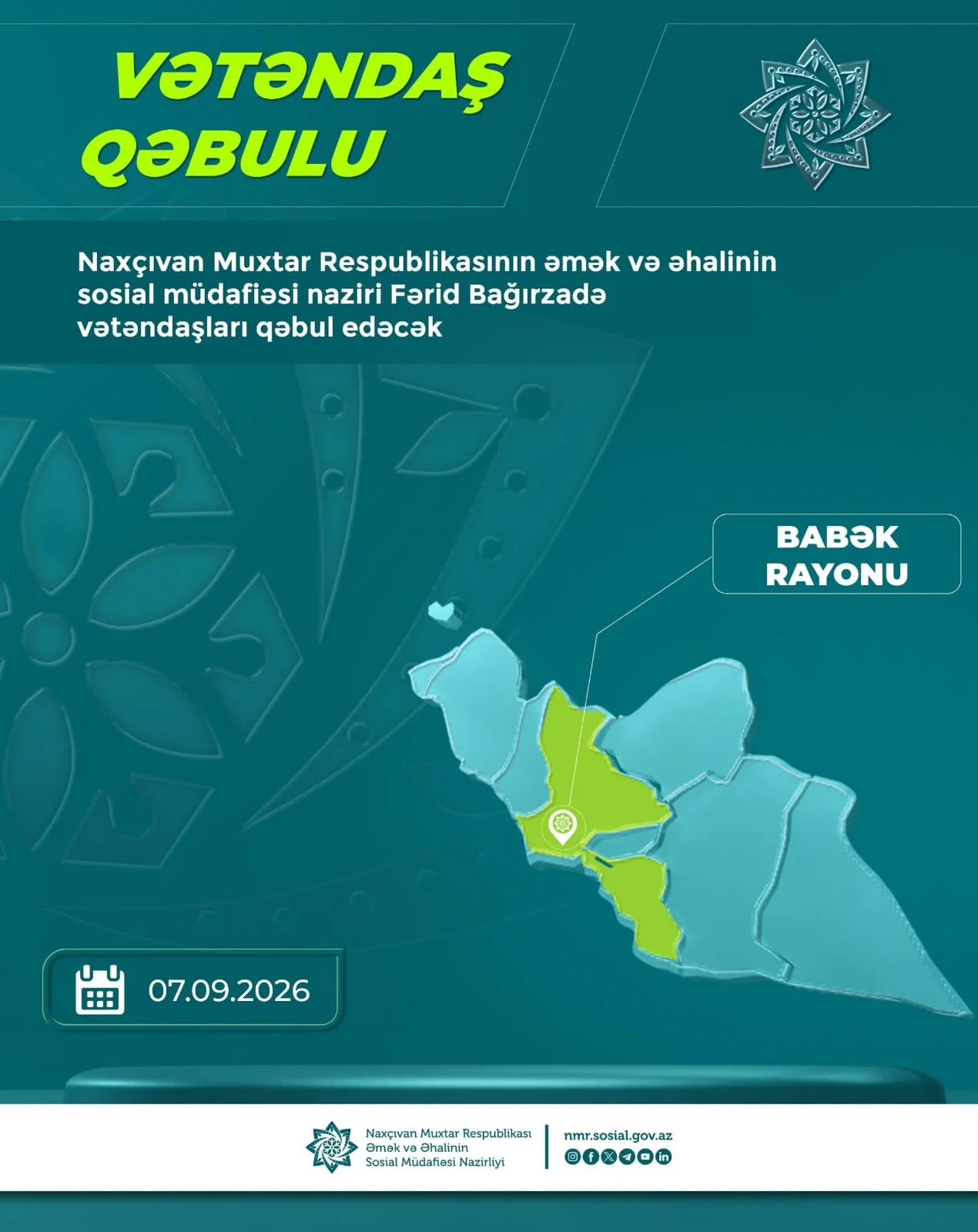 Nazir Fərid Bağırzadə Babək rayonunda vətəndaşları qəbul edəcək