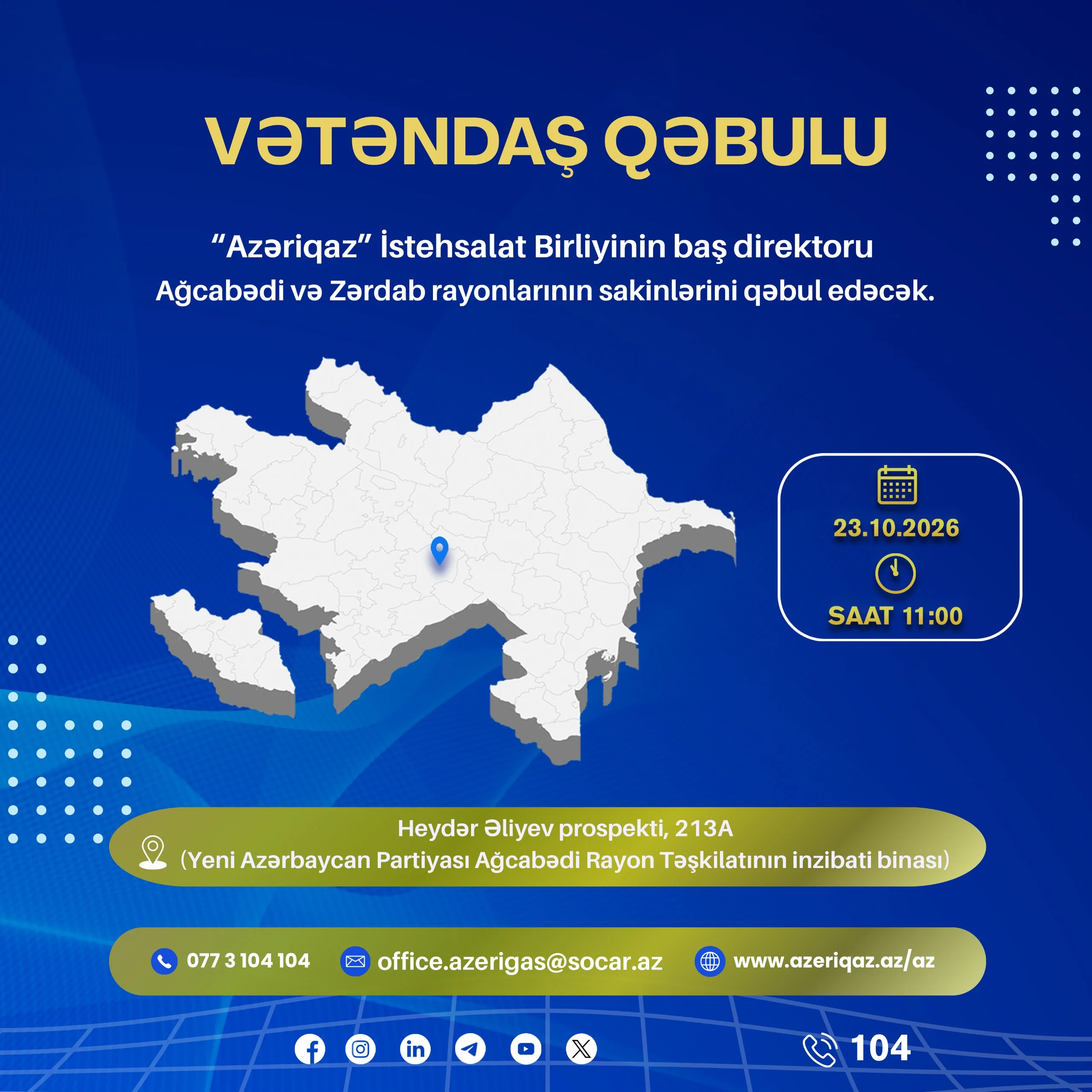 “Azəriqaz” İB-nin rəhbərliyi Ağcabədidə vətəndaşları qəbul edəcək