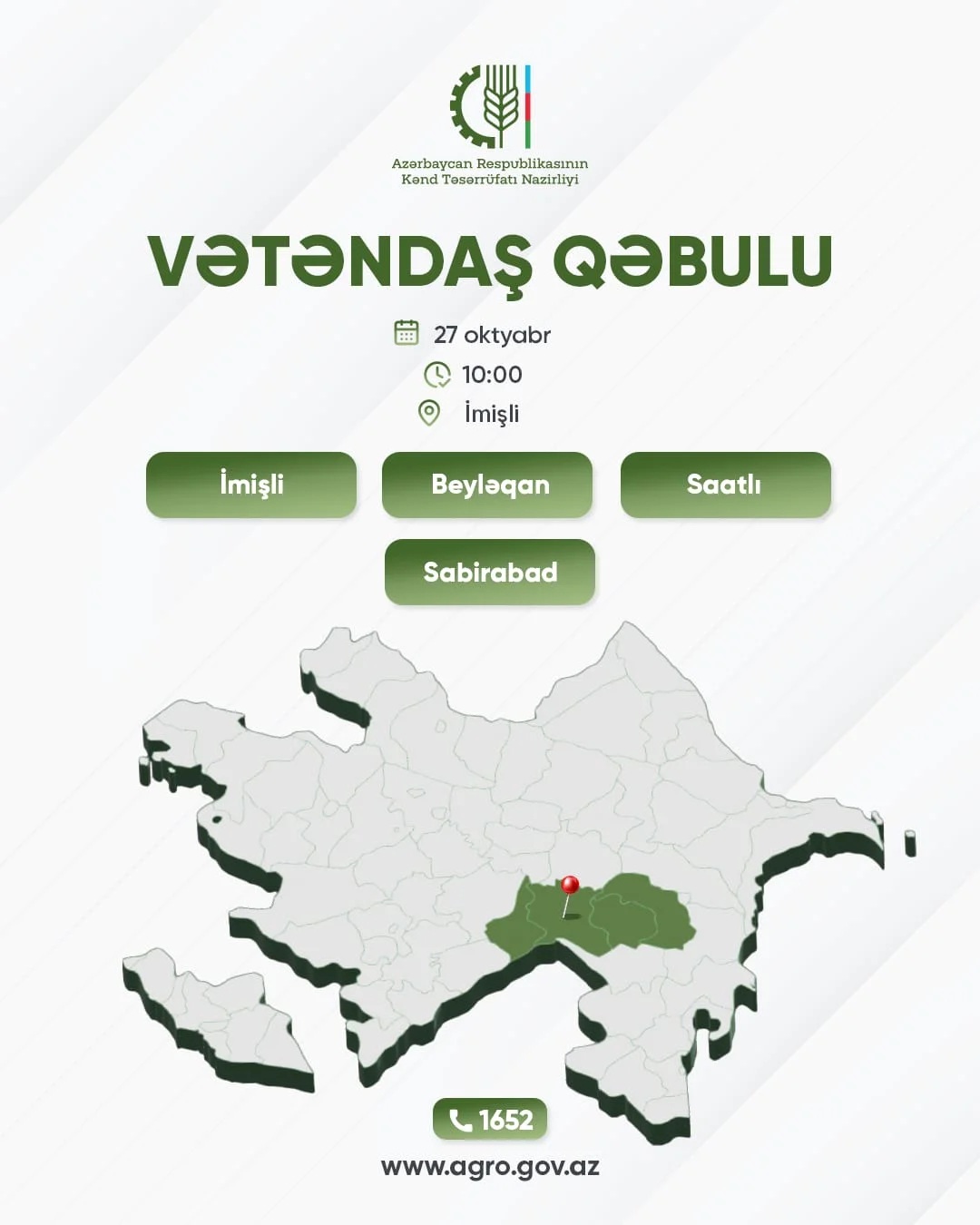 Kənd təsərrüfatı naziri Məcnun Məmmədov  İmişlidə vətəndaşları qəbul edəcək
