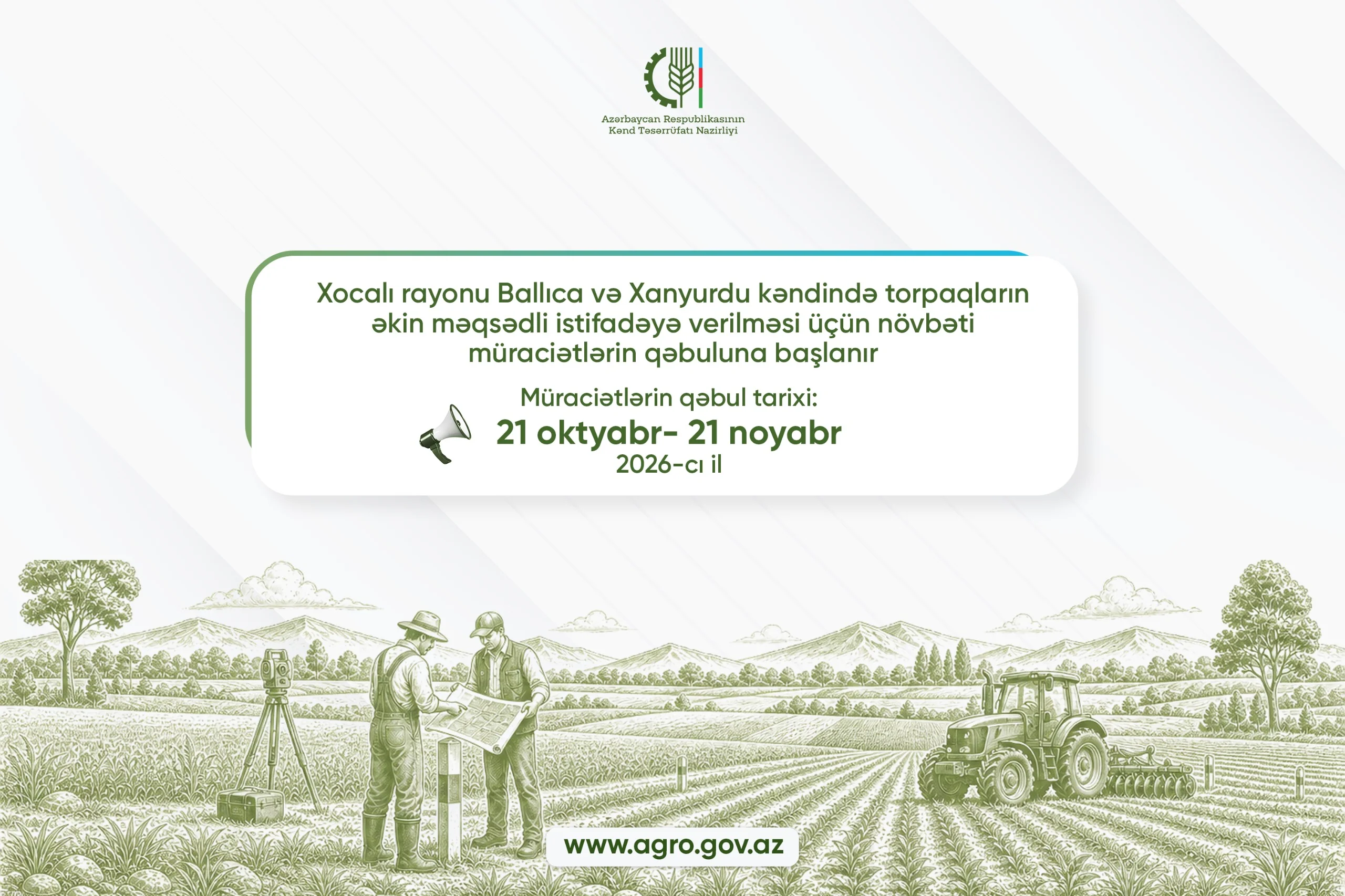 Xocalı rayonu Ballıca və Xanyurdu kəndində torpaqların əkin məqsədli istifadəyə verilməsi üçün növbəti müraciətlərin qəbuluna başlanır
