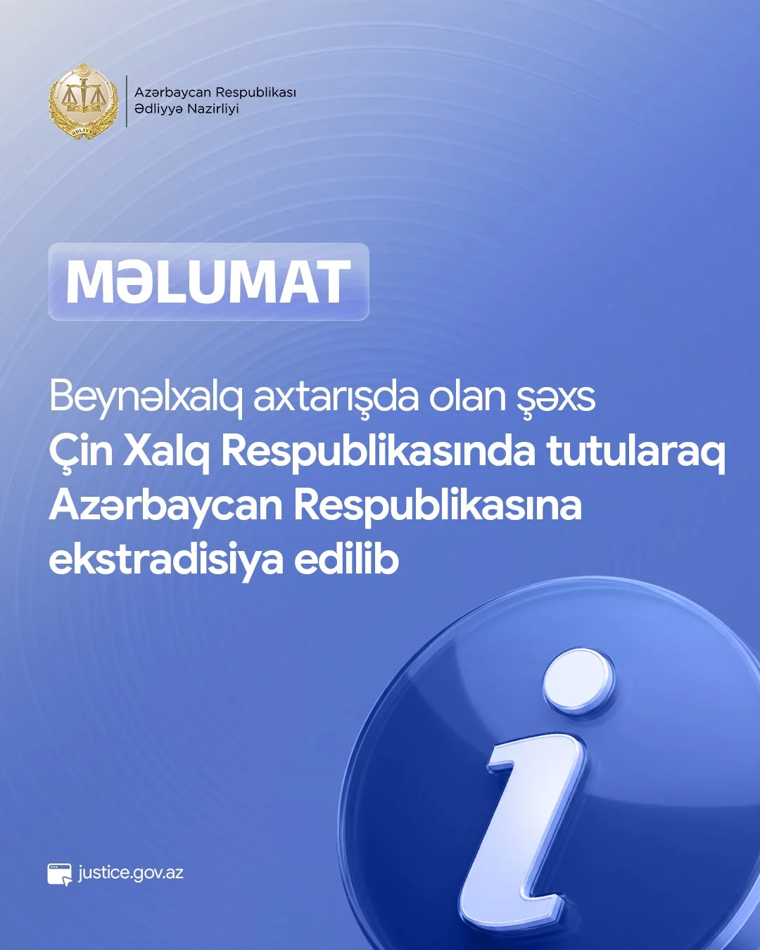 Beynəlxalq axtarışda olan şəxs Çin Xalq Respublikasında tutularaq Azərbaycan Respublikasına ekstradisiya edilib